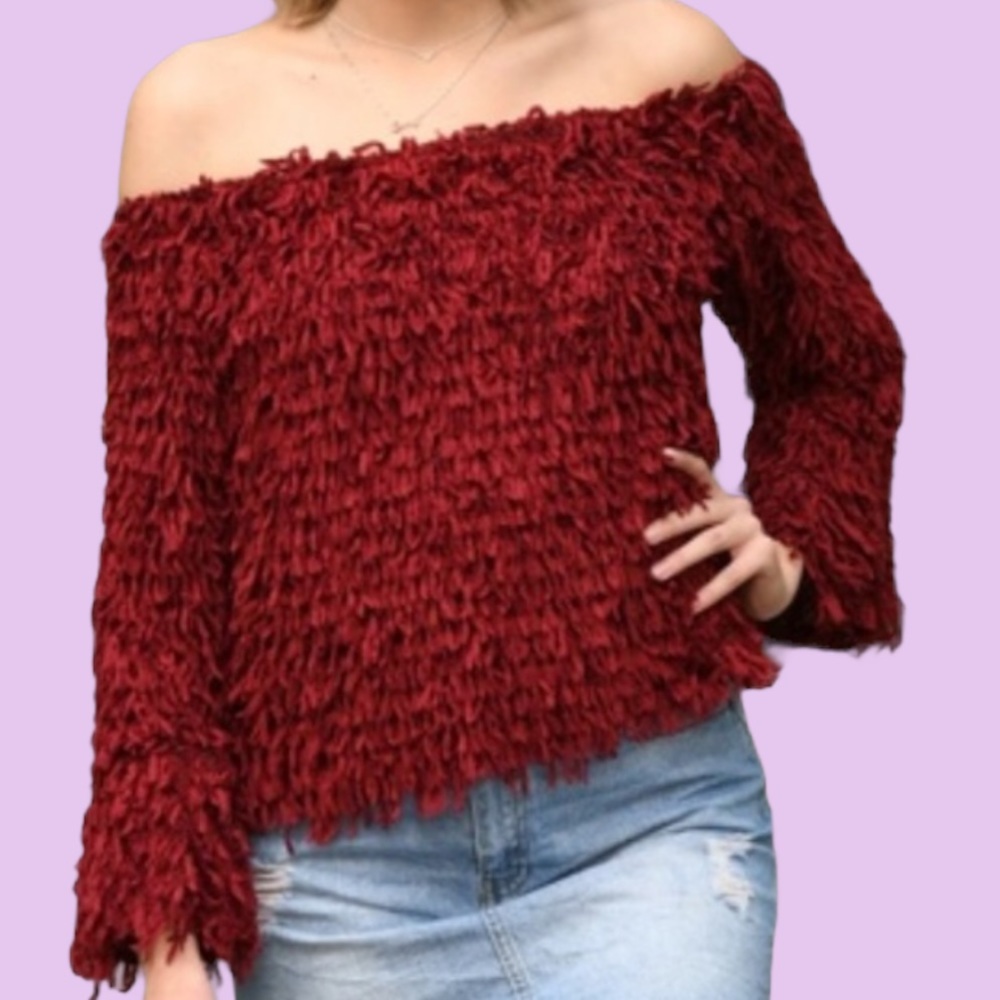 Wine Off The Shoulders Soft Shaggy Top - Picture 2 of 11